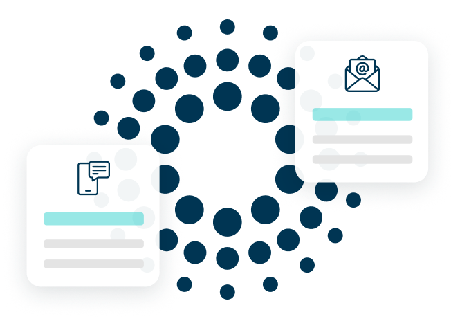 Text alert and email icon above the radiating circle of dots